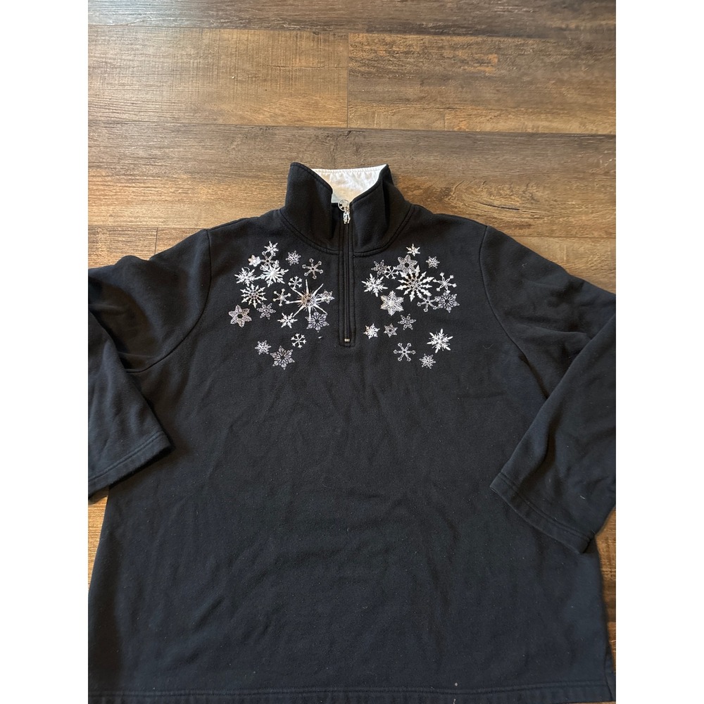 Breckenridge Woman Black Snowflake Embroidered Quarter Zip Sweatshirt Plus 2X